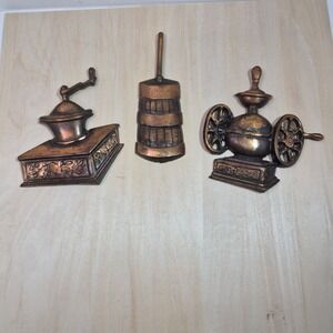 Vintage Copper Tone Wall Decor Set Coffee Grinder Butter Churn Farmhouse